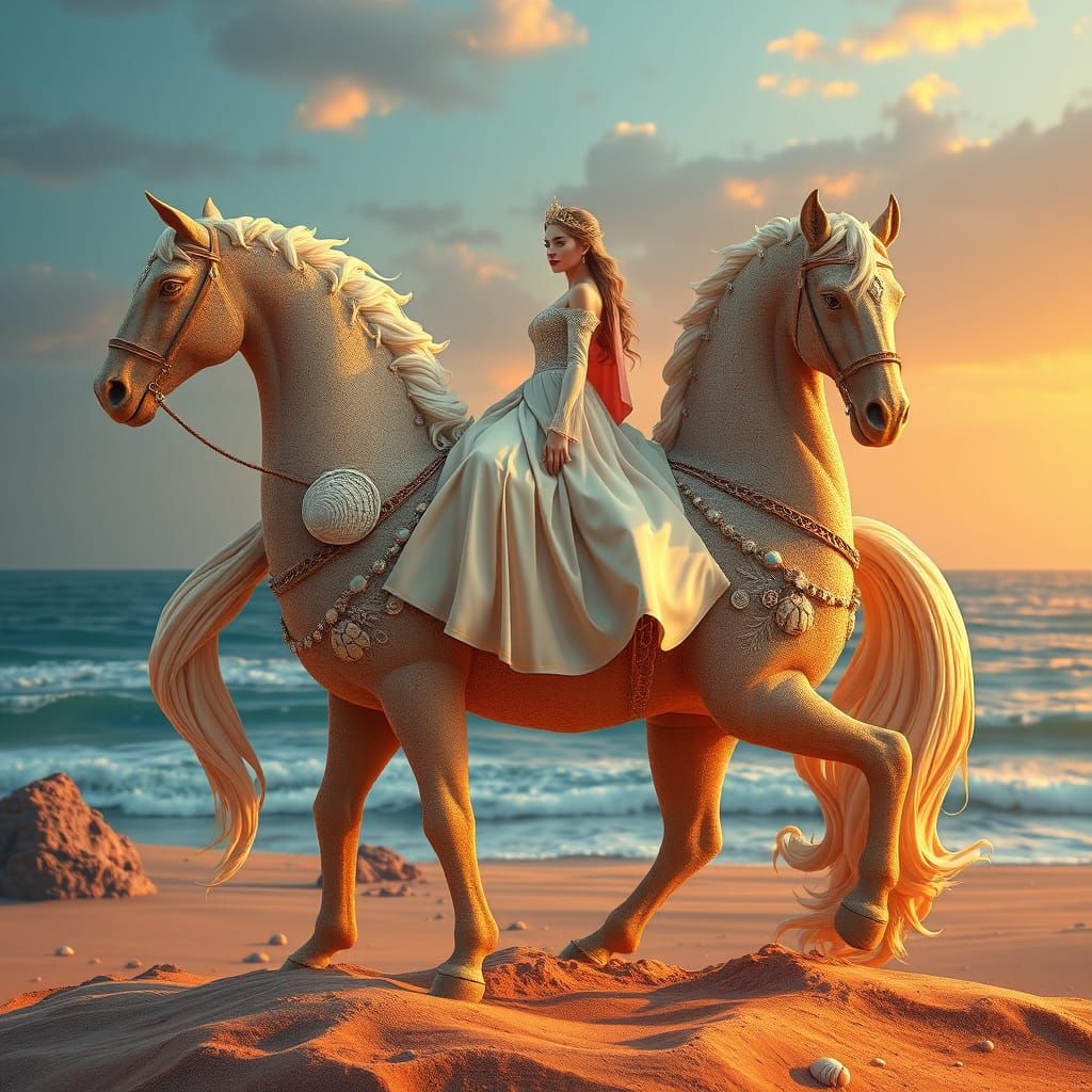 Elegant Princess Rides Majestic Sand Sculpture Horse in Vibr...