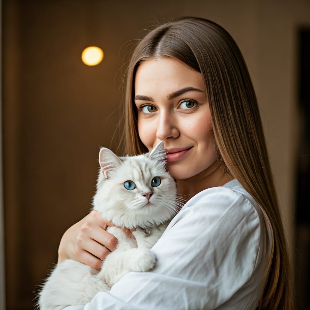 Woman Hugging Cat in Sunset Light, Professional Photography
