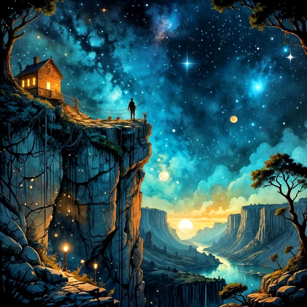 Adventurer Swings Across Galaxy Canyon in Dreamlike Landscap...