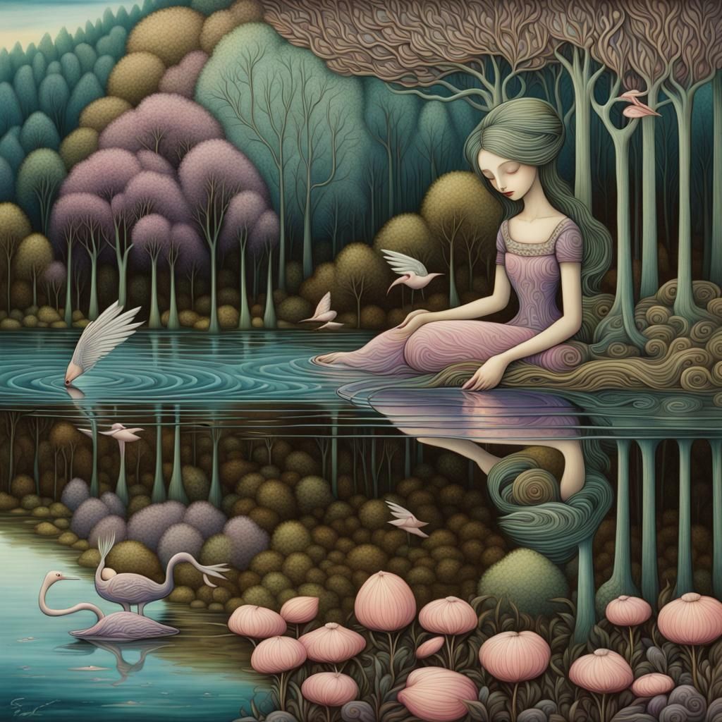 Enchanting Riverscape Reflection in Art Brut Style