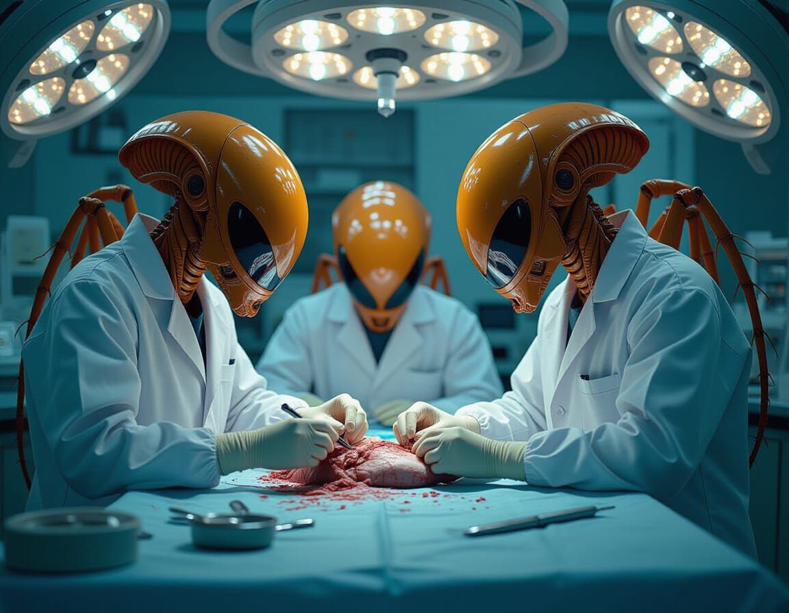 Alien Arthropods Dissecting Humans: Cinematic Digital Art