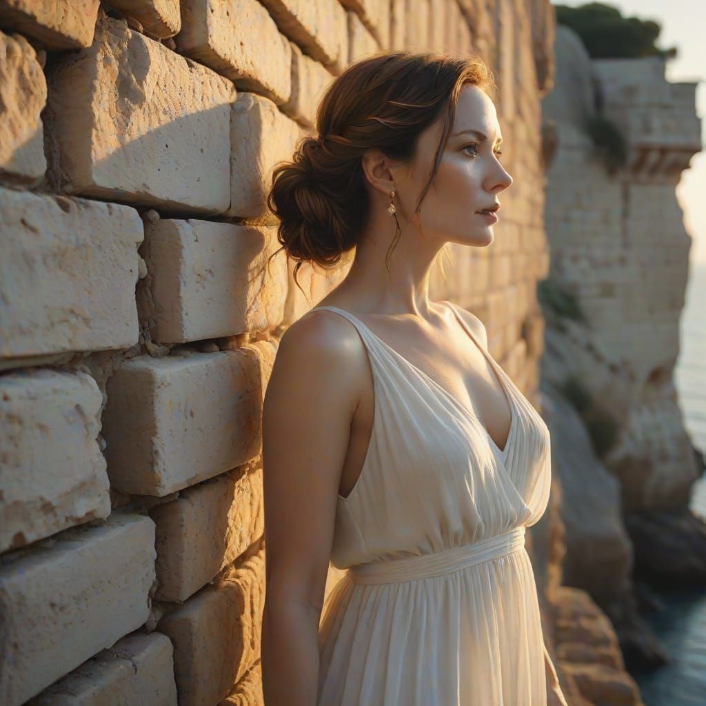 Serene Woman in White Dress by Ancient Wall