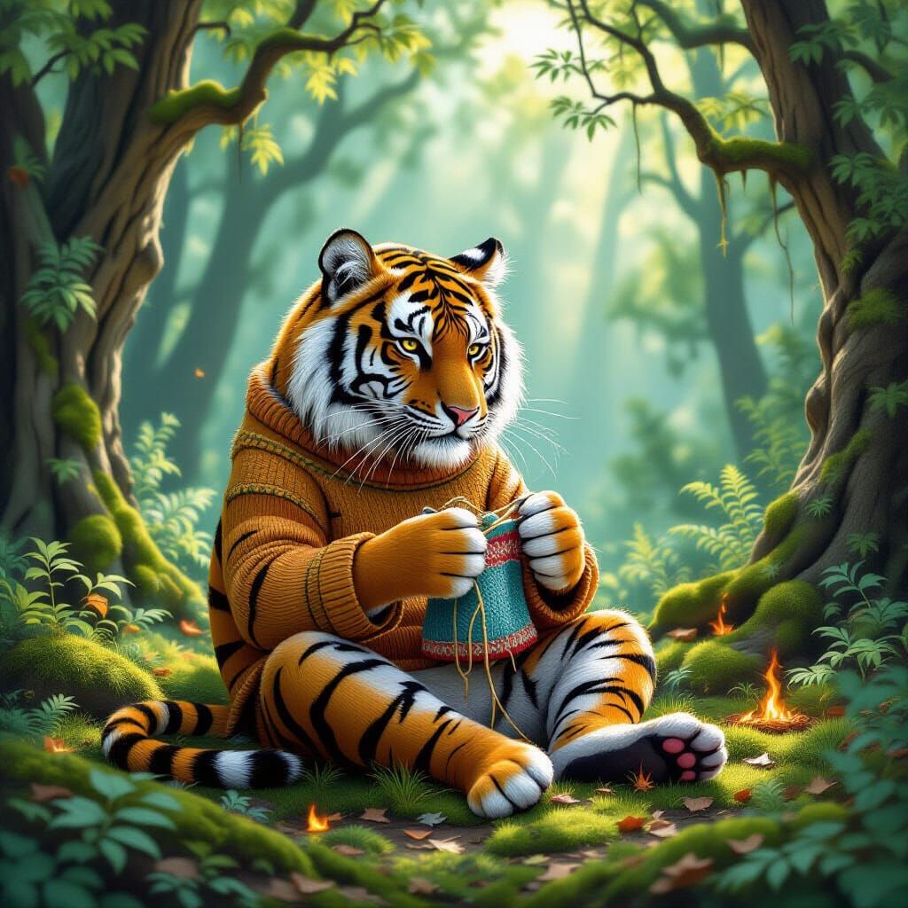 Tiger Knitting Sweater in Surreal Forest