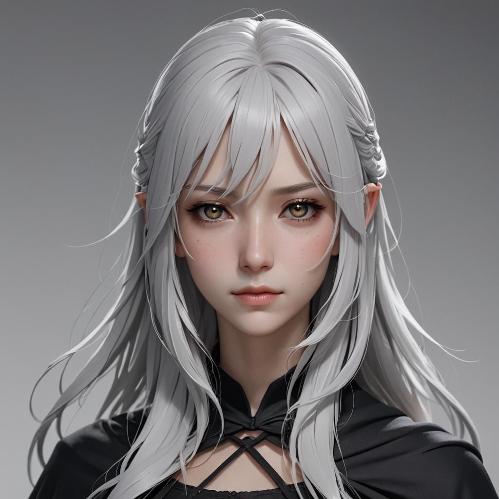 Anime Style White-Haired Girl in Black Cloth