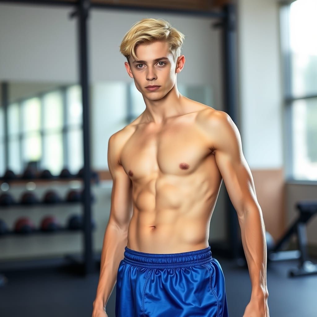 Young Man in Blue Shorts at the Gym