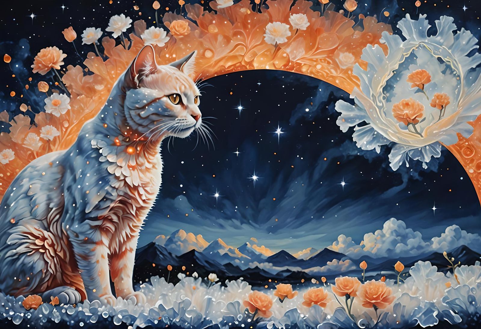 Surreal Orange Crystal Cat in Whimsical Midnight Landscape