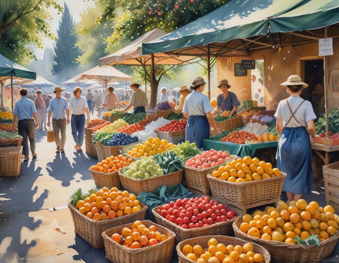 Impressionist Watercolor Market Scene with Vibrant Colors