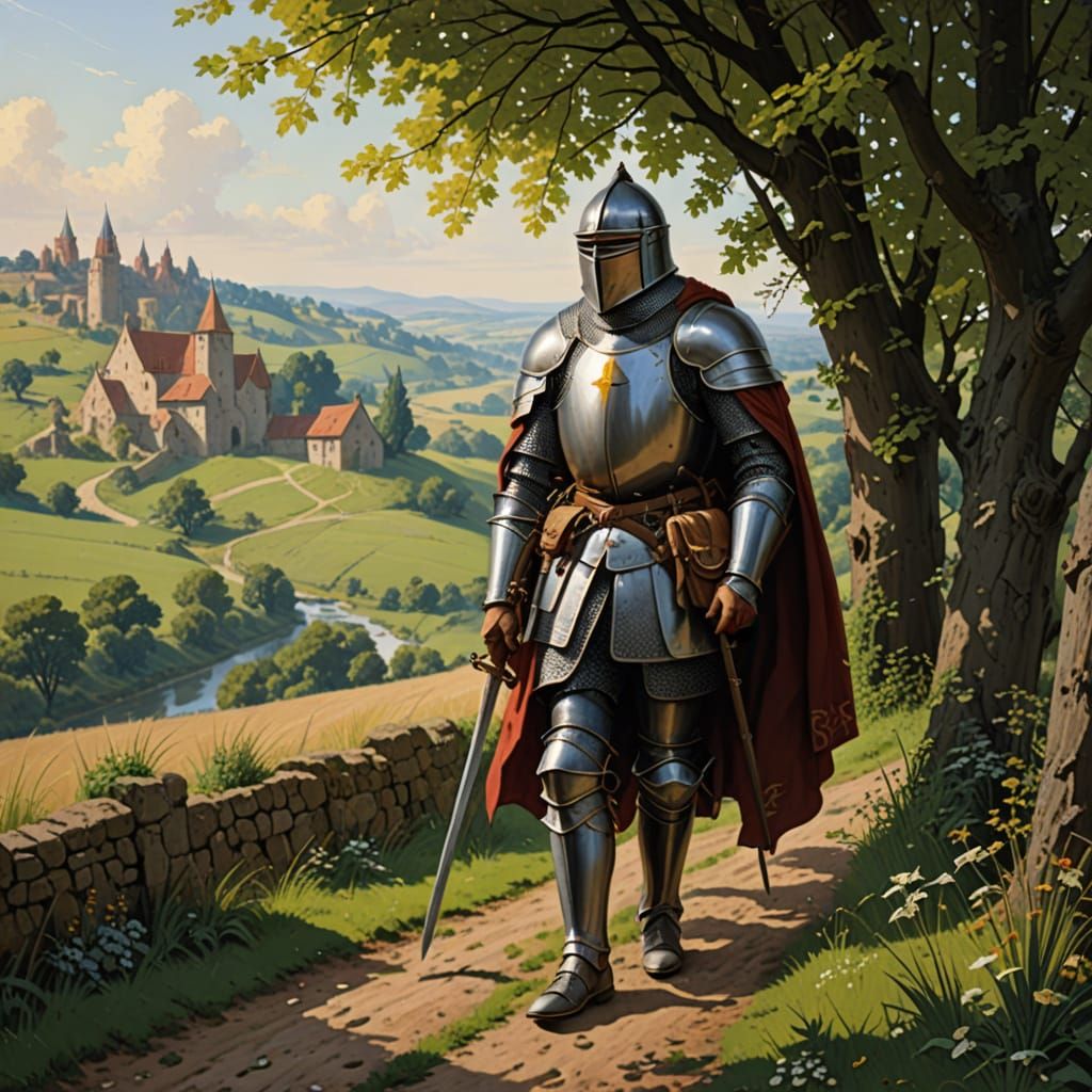 Medieval Knight Rests Along a Rustic Countryside Path