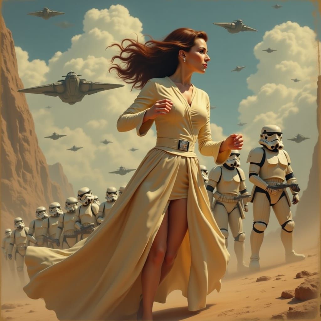 Cyberpunk Princess in Action, Oil Painting Style