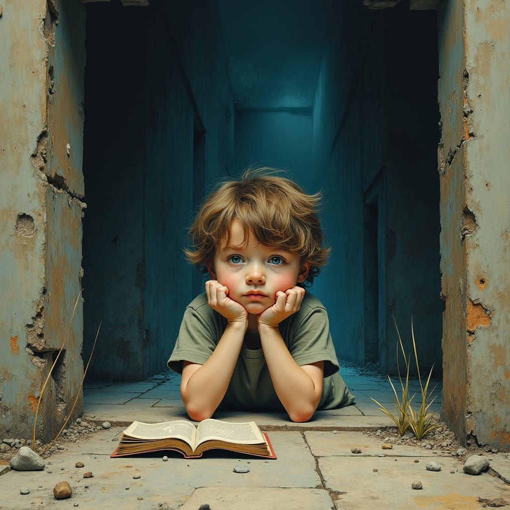 Mysterious Childhood Scene in Deep, Noctilucent Colors