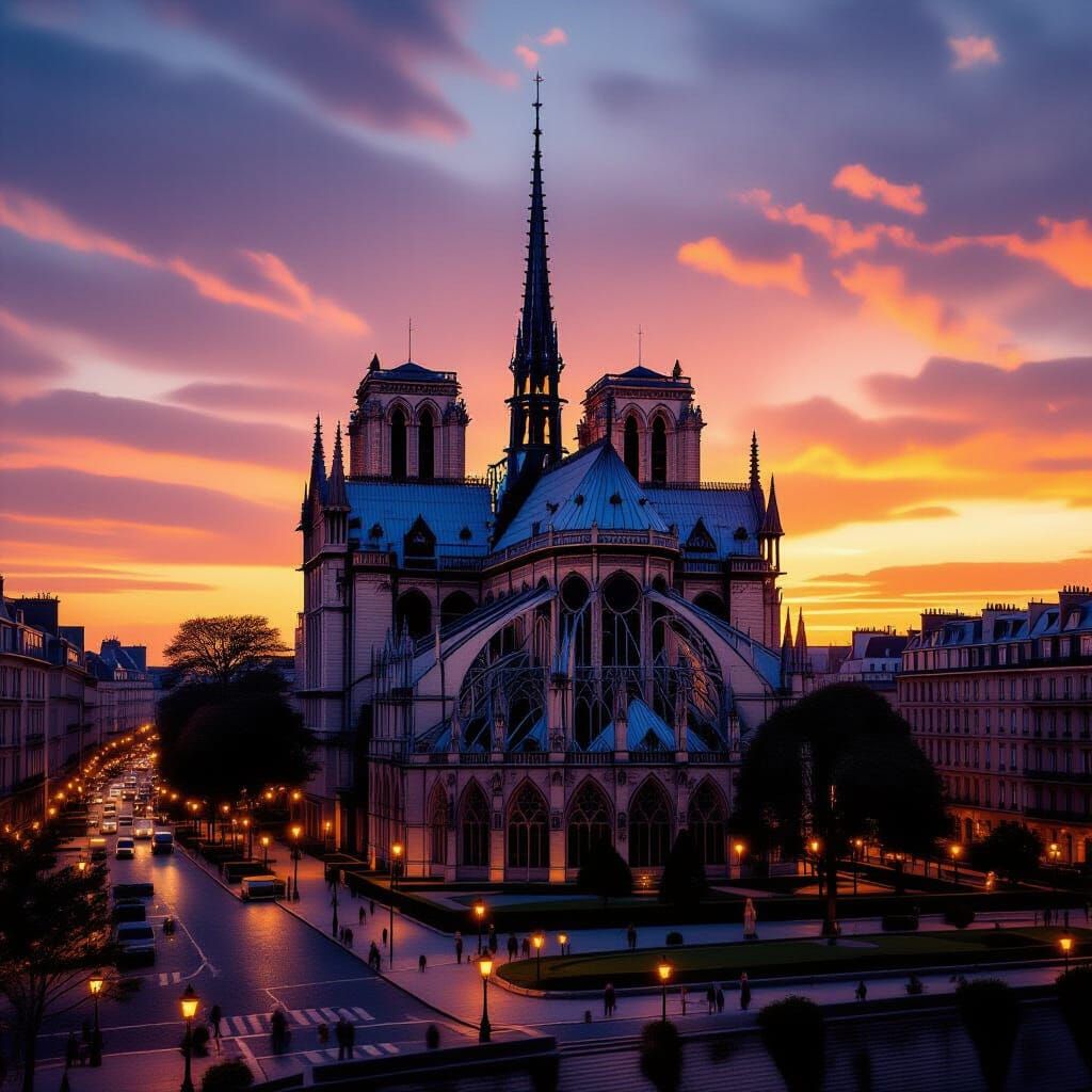 Notre Dame Cathedral at Sunset, Photorealistic