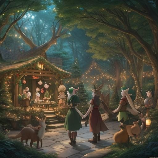 A joyful scene of elves and woodland creatures coming together for a magical holiday celebration