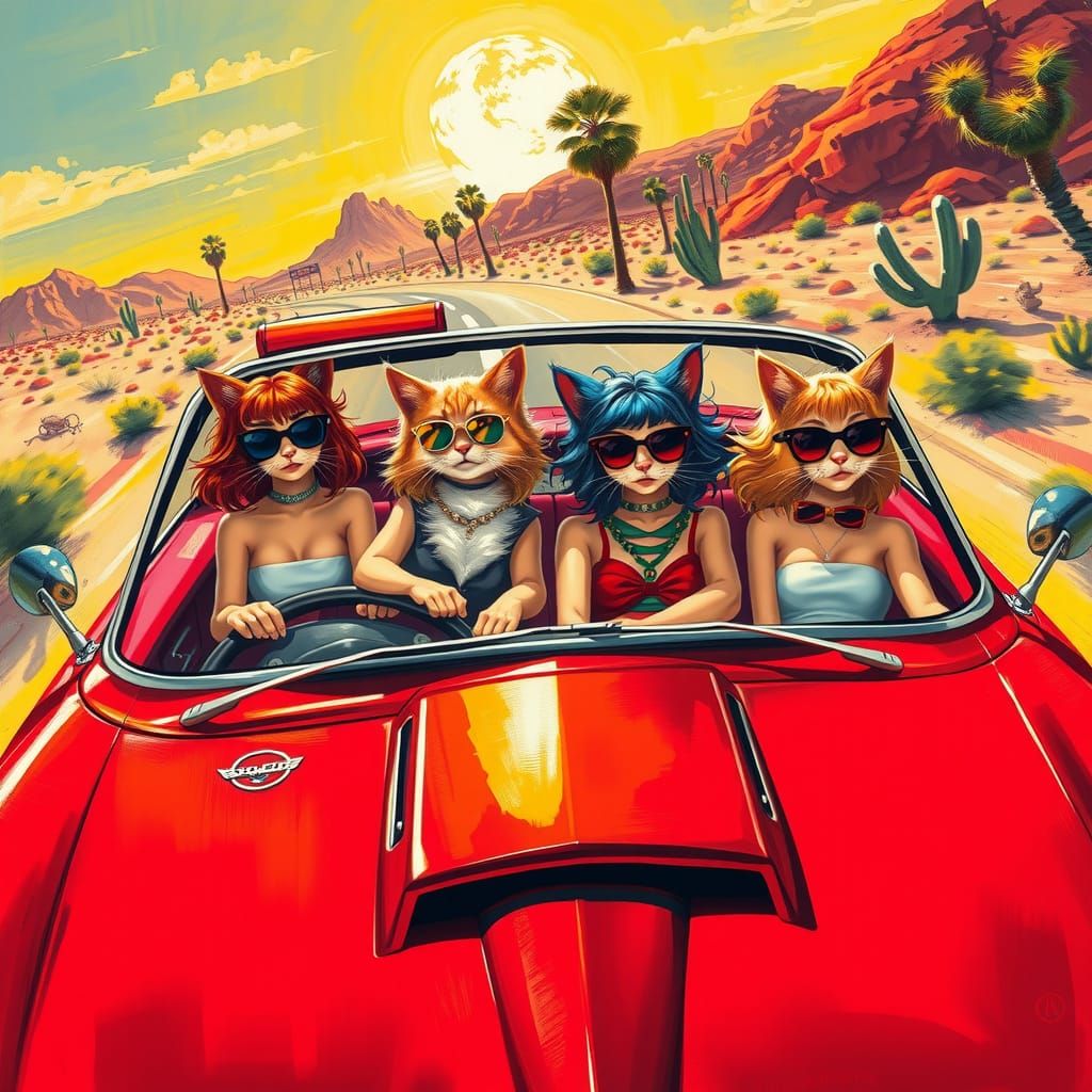 Cats in Corvette: Desert Road Trip in Acrylic Style