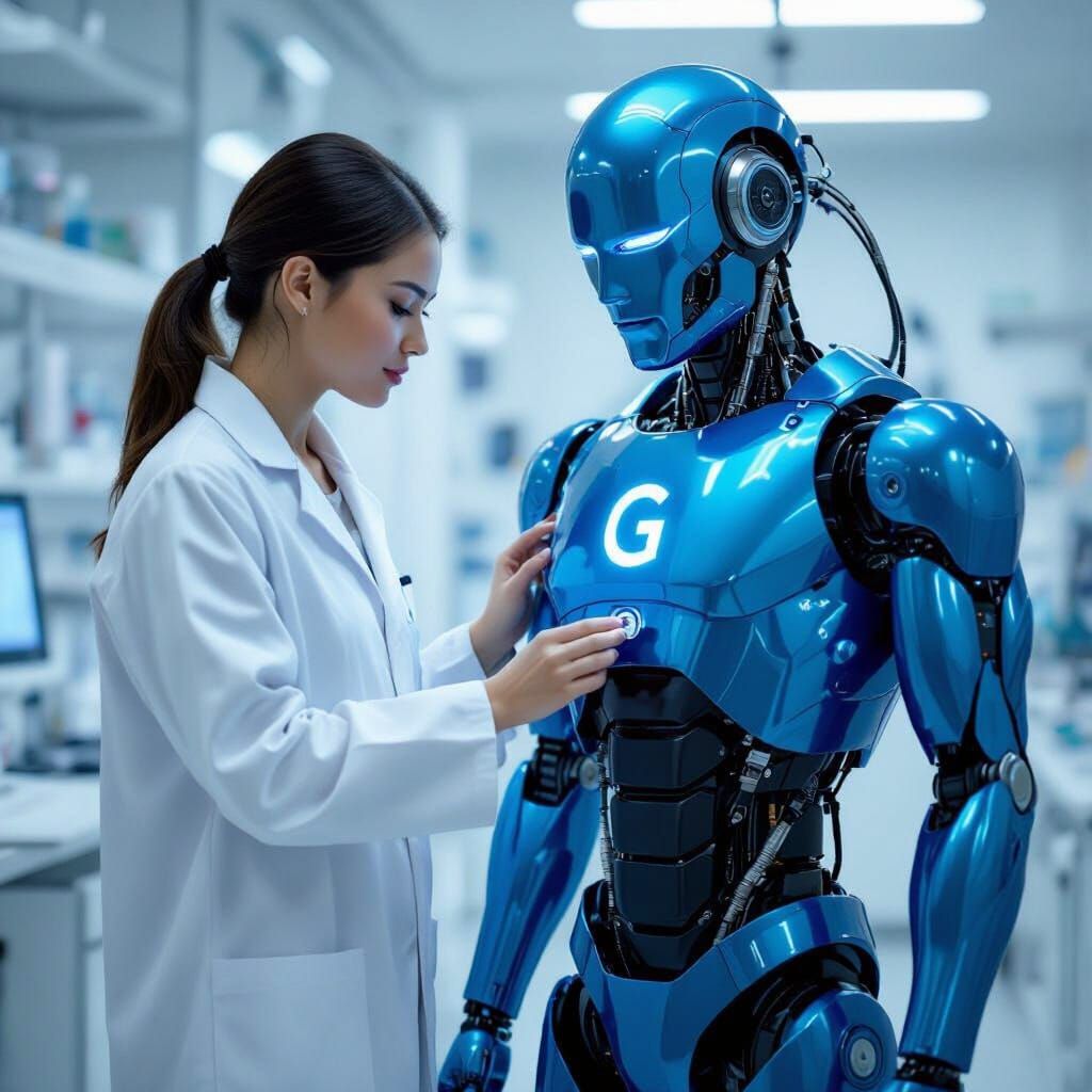 Scientist and Blue Android in Lab, Hyperrealistic Digital Ar...