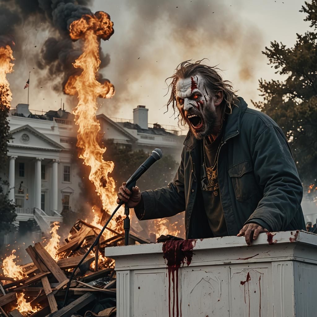 Disturbing Scene: Homeless Man at Burning White House