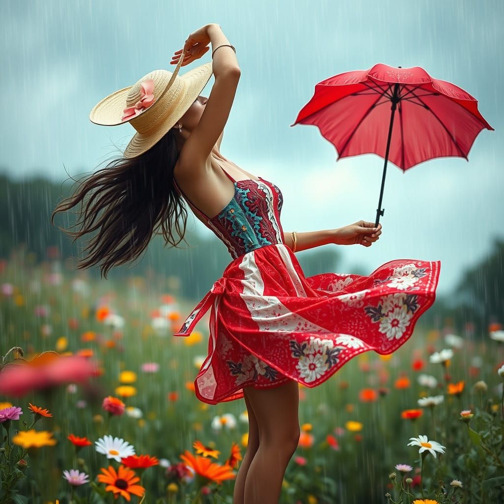 Whimsical Woman Dancing in Spring Rain, Texas Hill Country