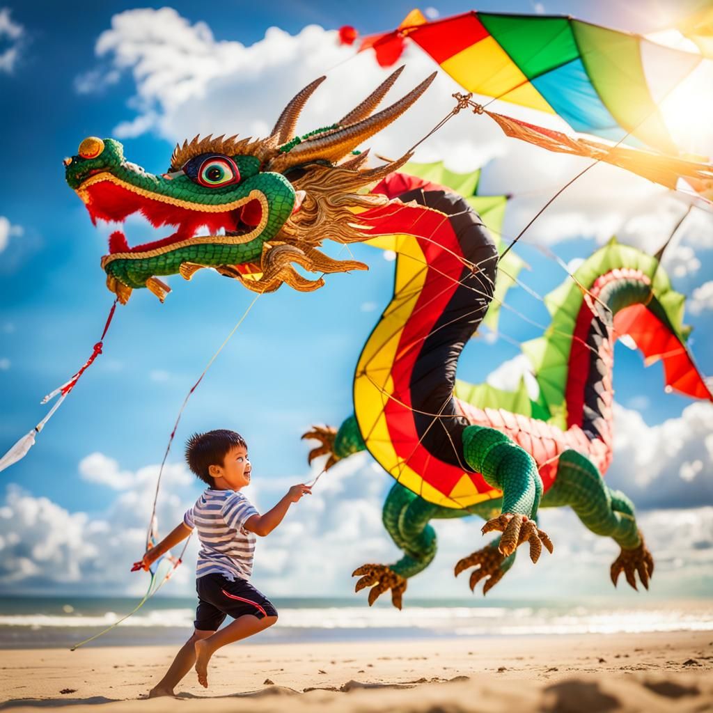 Happy Child Flying Dragon Kite on Sunny Beach