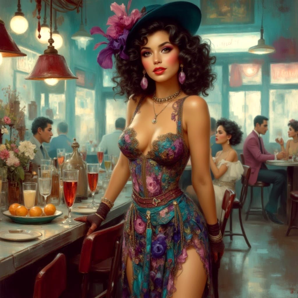 1950s Glamour Woman in Evening Dress at Diner Party