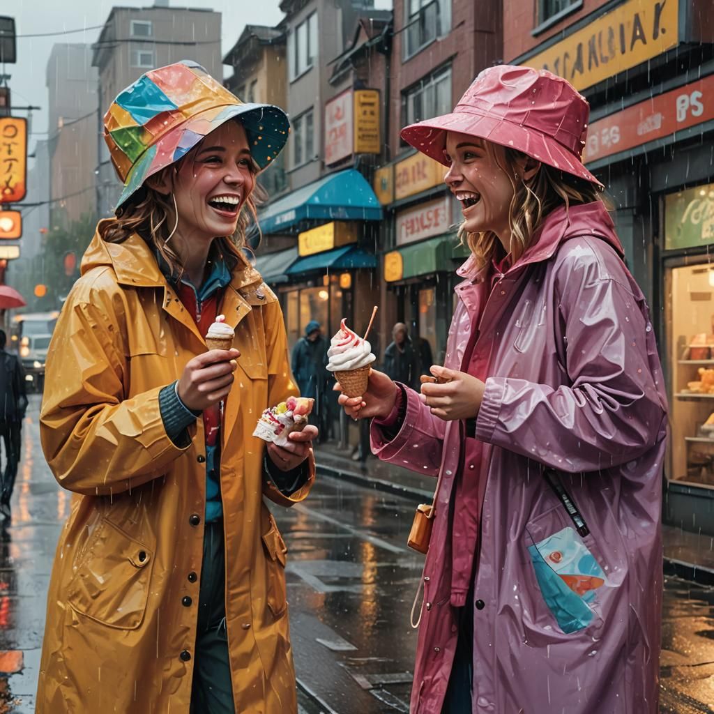 Woman with Ice Cream Laughing in Rainy Street