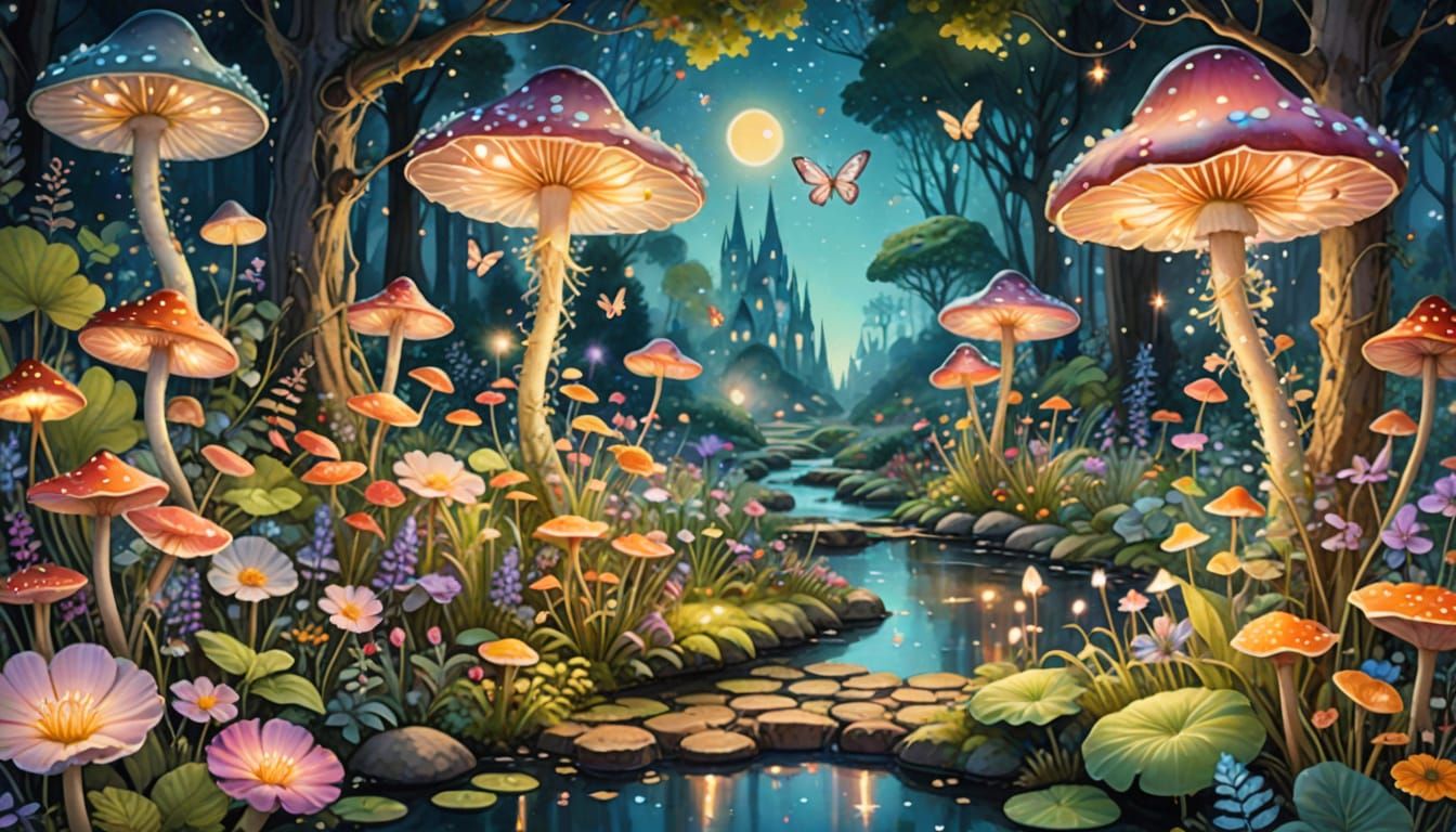 Whimsical Fantasy Garden in Dreamy Watercolor Style