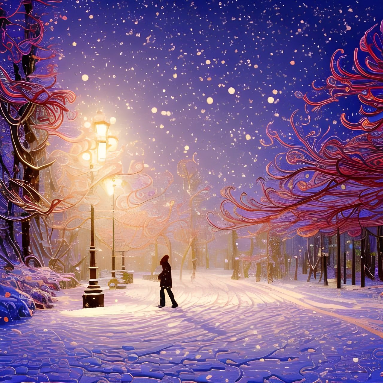 Whimsical Winter Scene with Swirling Snowflakes