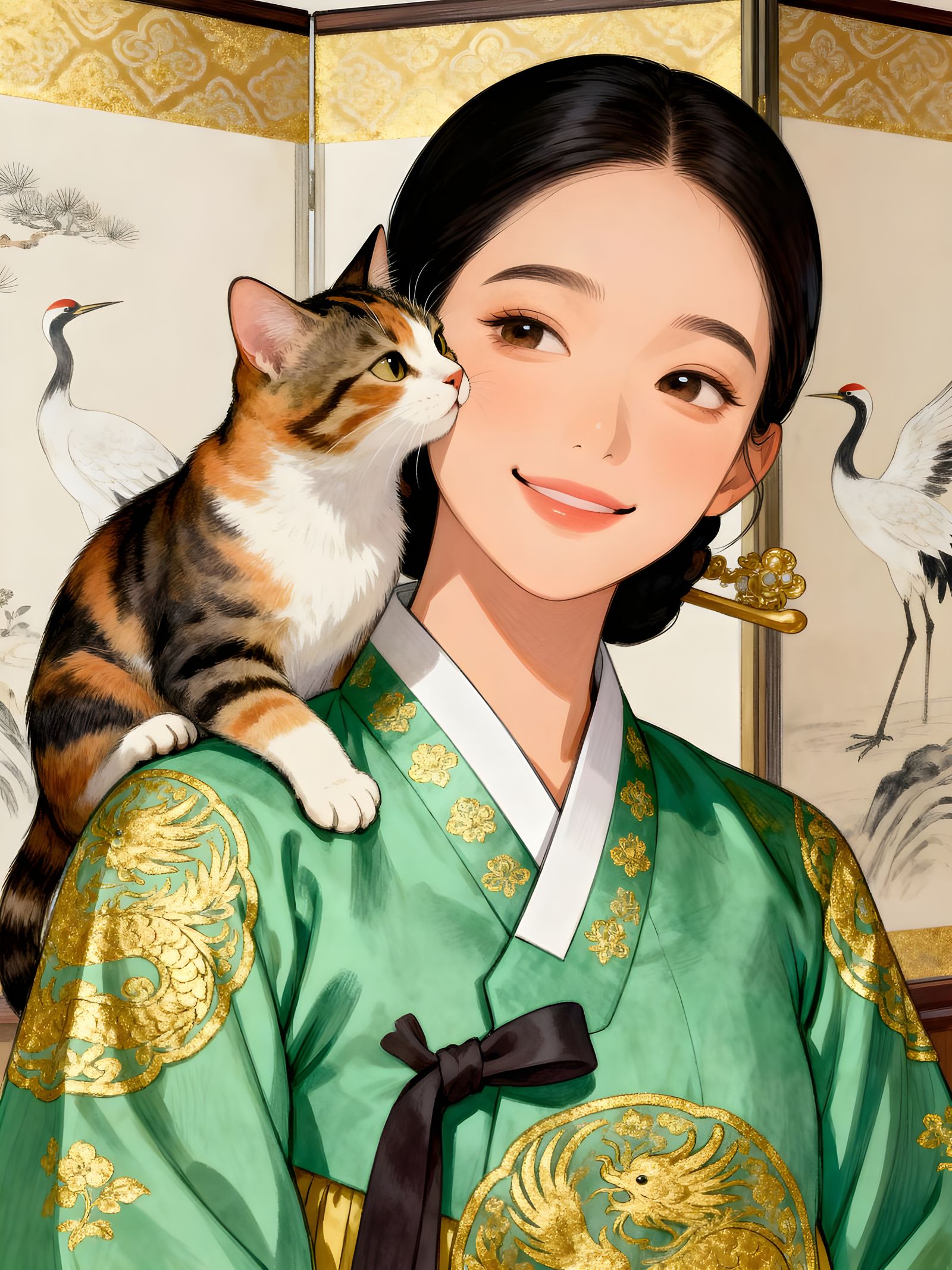 Manhwa Illustration of Woman in Hanbok with Calico Cat