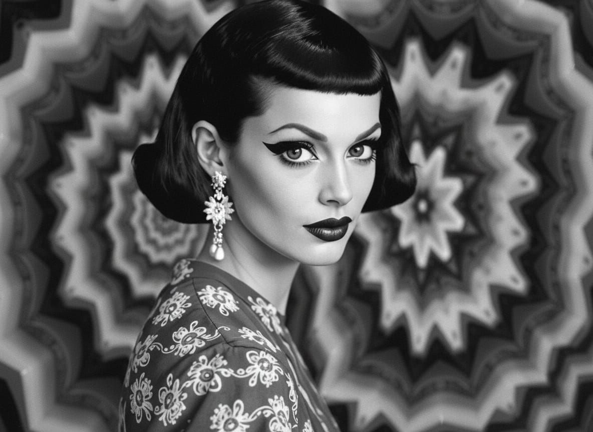 Mod Fashion Model in Psychedelic Kaleidoscope Background