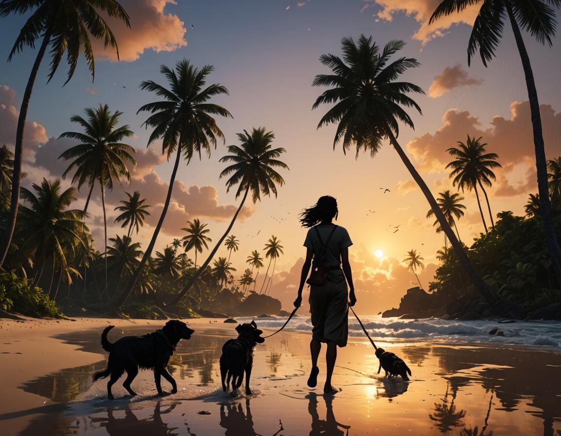 Tropical Island Sunset: Girl and Dog Silhouette
