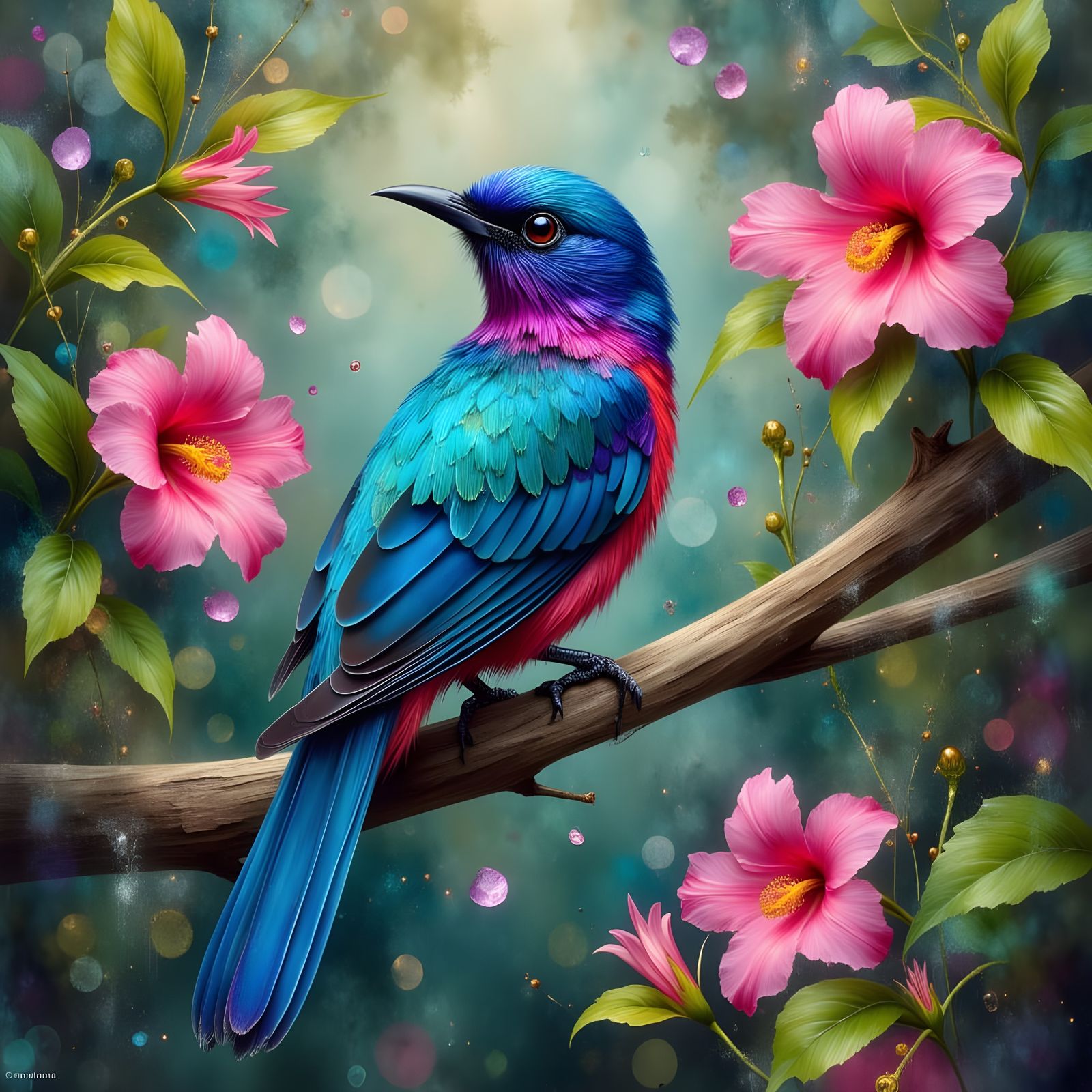 Neon Blue Cotinga Bird in Dreamy Rainforest