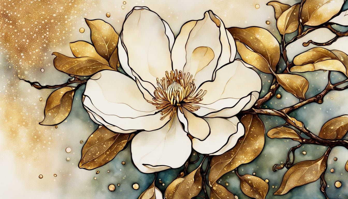 Art Nouveau Magnolia in Dripping Ink Style