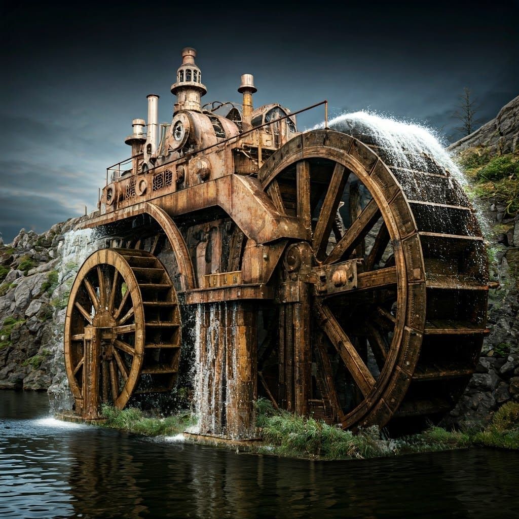 Victorian Era Waterwheels in Industrial Steampunk Style