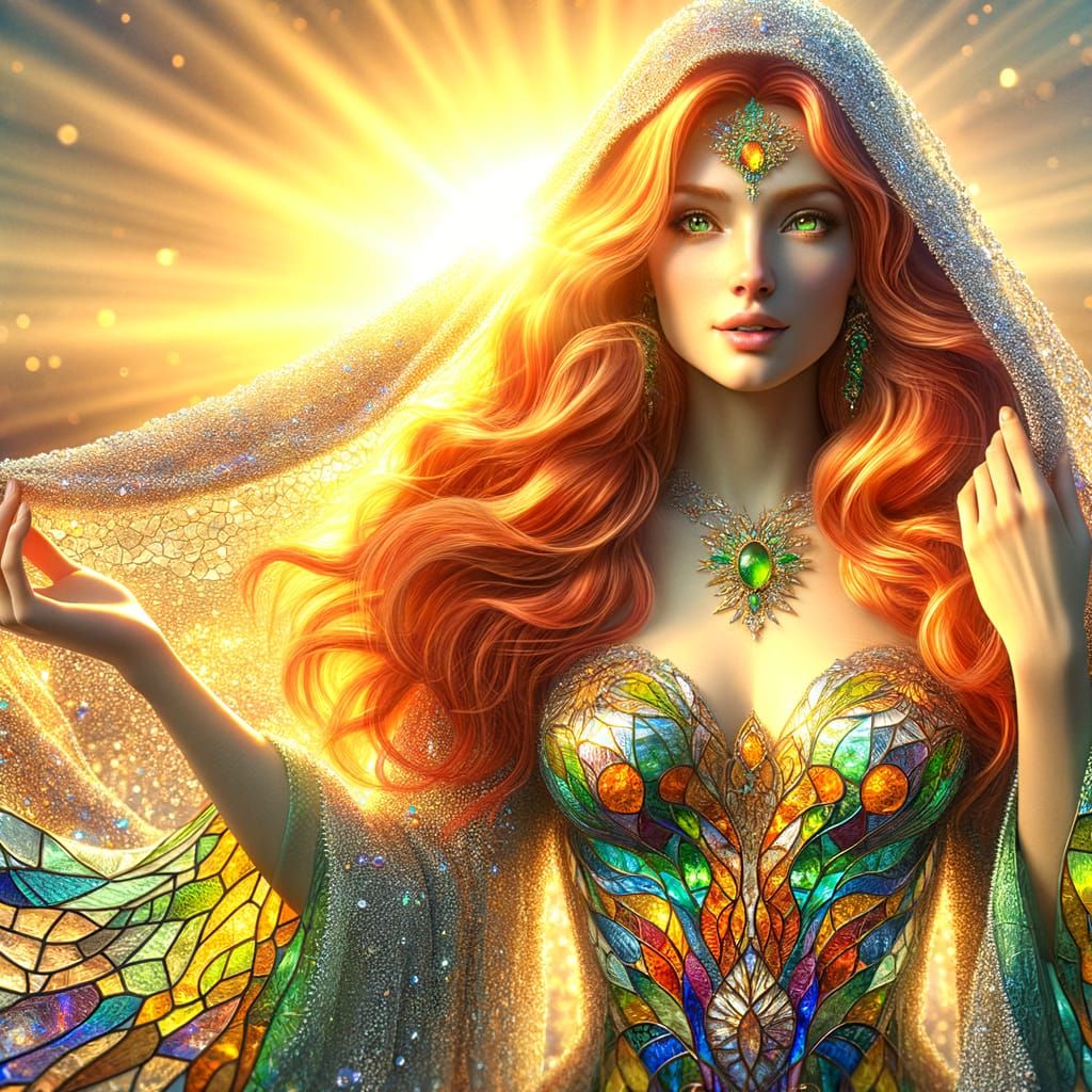 Morning Goddess in Golden Sunlight with Stained Glass Gown