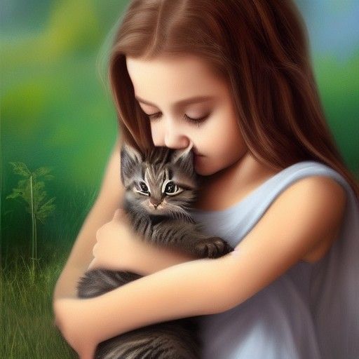 Girl Saving Kitten: Hyperrealistic Matte Painting