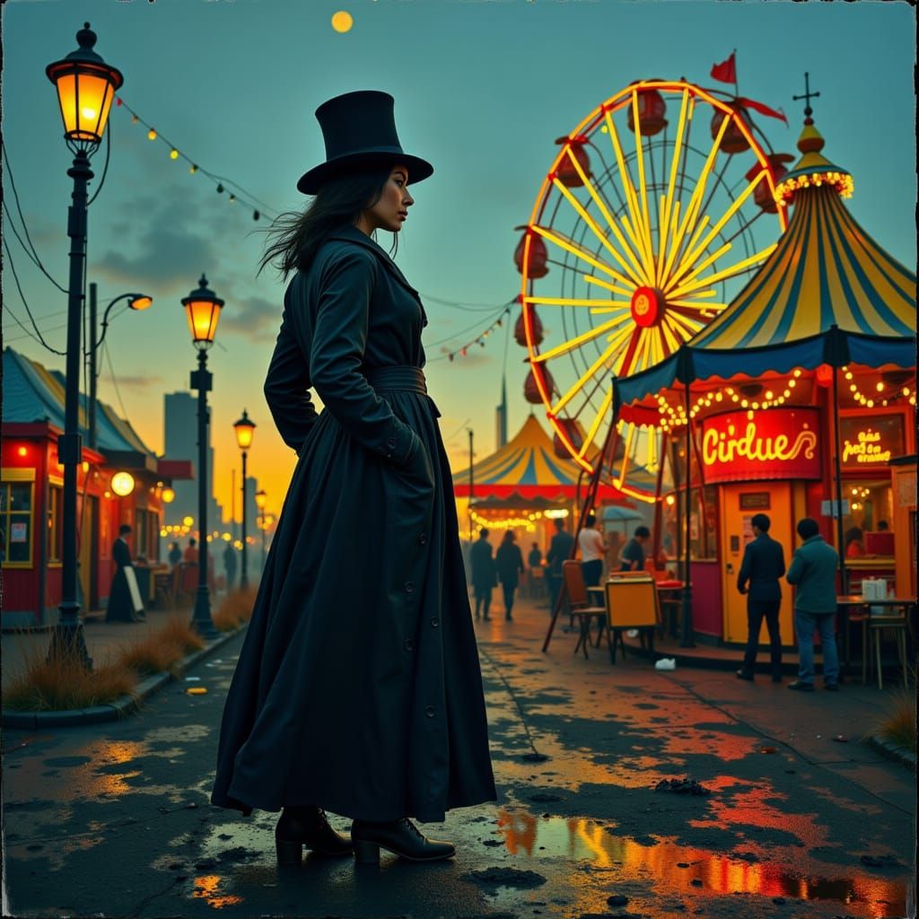 Mysterious Woman at Abandoned Carnival, Digital Art