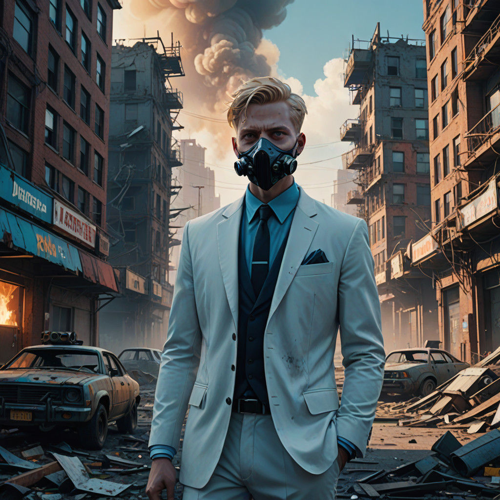 Epic Dystopian Boy in Ruined Cityscape: Vibrant Fantasy Conc...