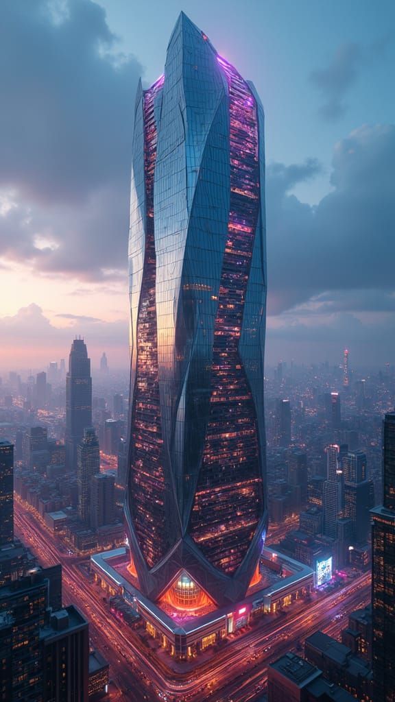 Sleek Futuristic Headquarters in Cyberpunk Metropolis