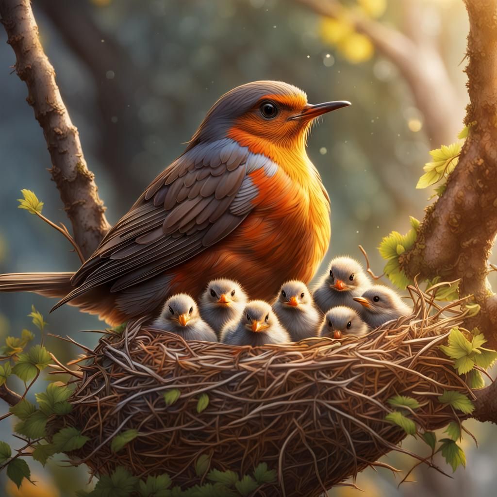 Robin Feeding Chicks: A Hyperrealistic Splash Art Image