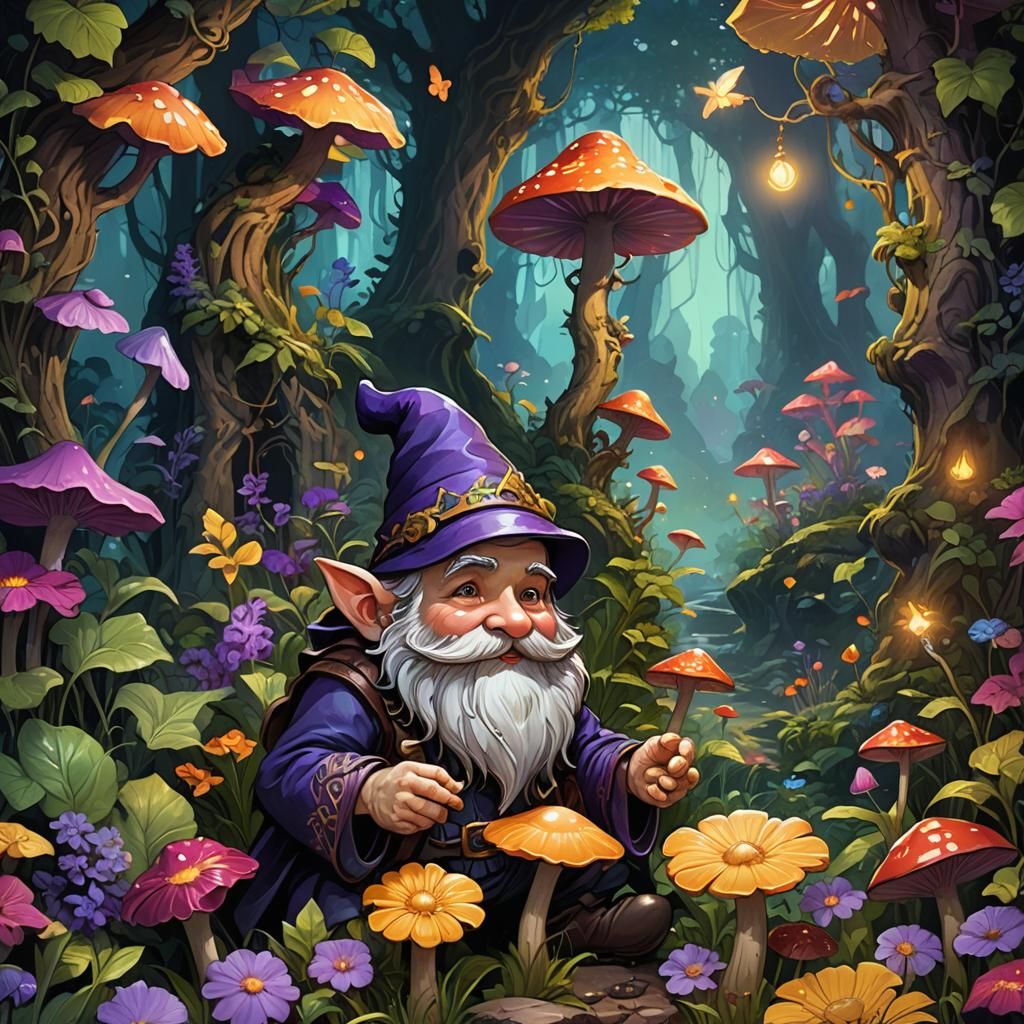 Enchanted Gnome Tending Mushroom in Mystical Forest
