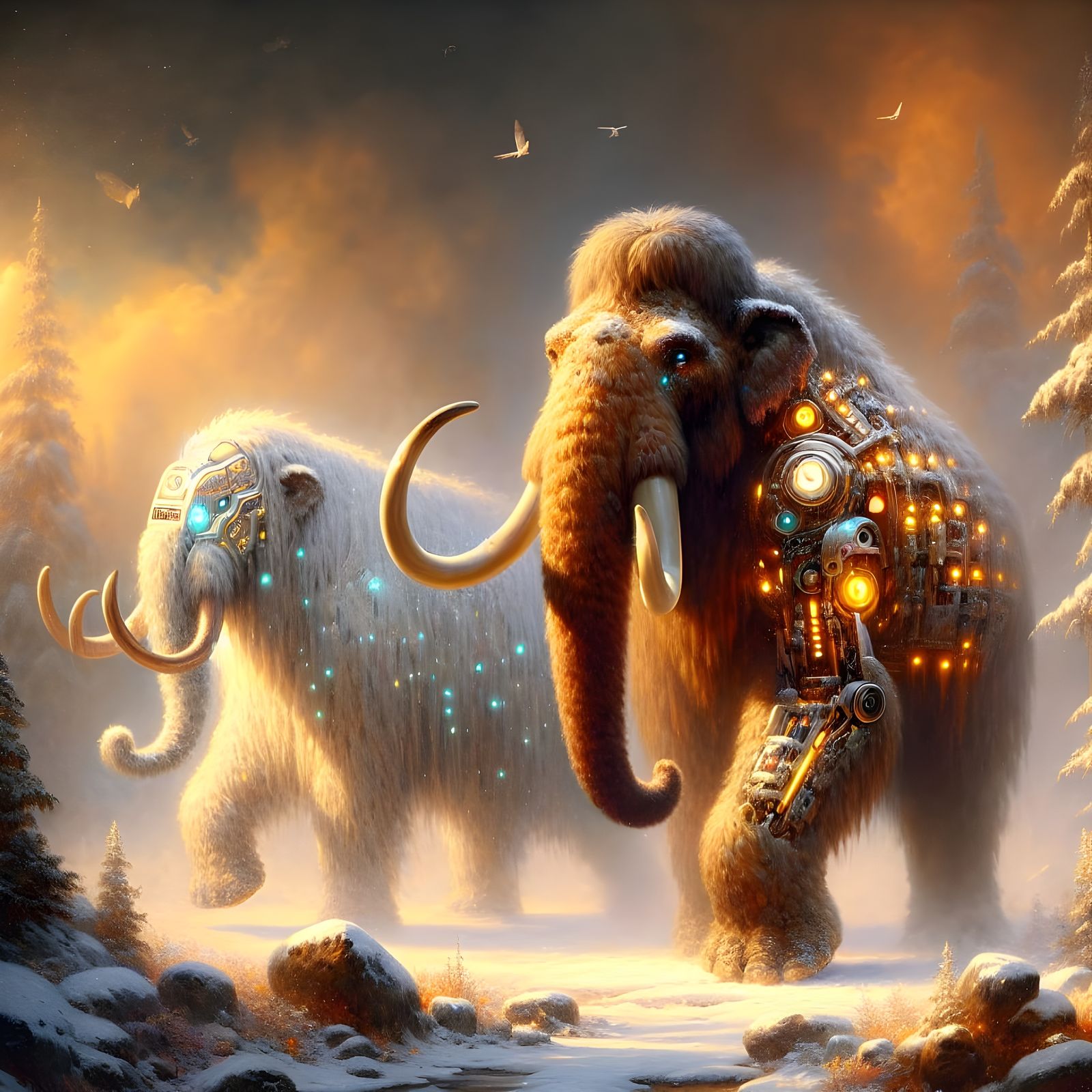 Prehistoric Mammoth Meets Futuristic Android in Snowy Landsc...