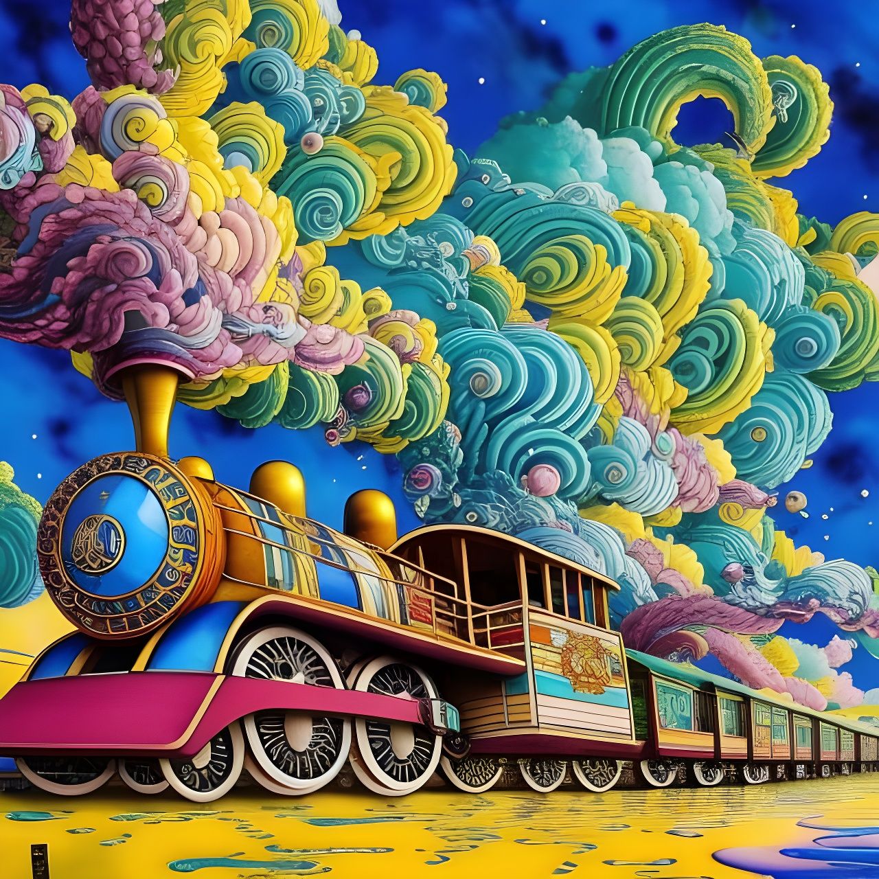 Cute Whimsical Train with Colorful Clouds: Gouache Art