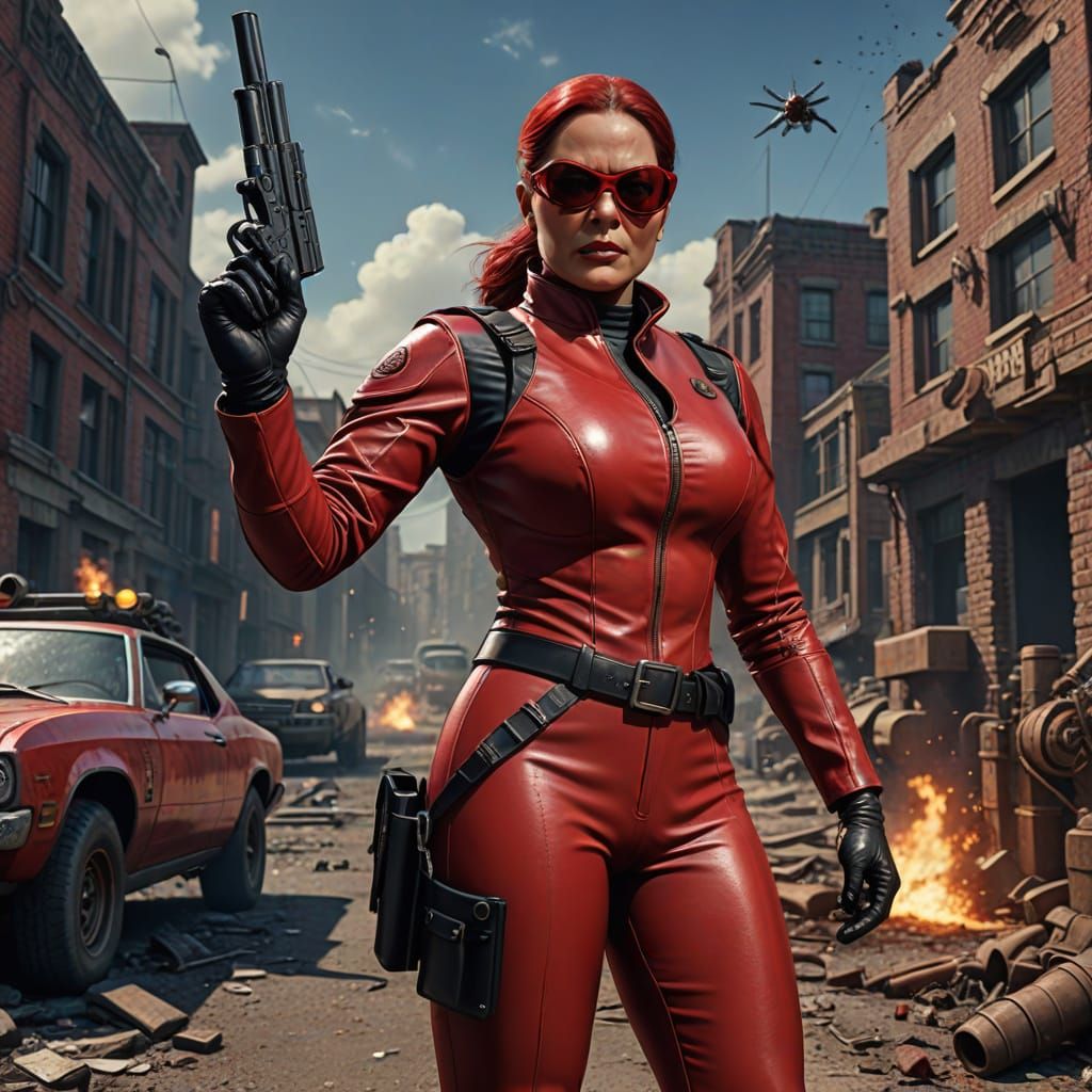 Curvy Leather Woman Gunshooting: Detailed Matte Painting