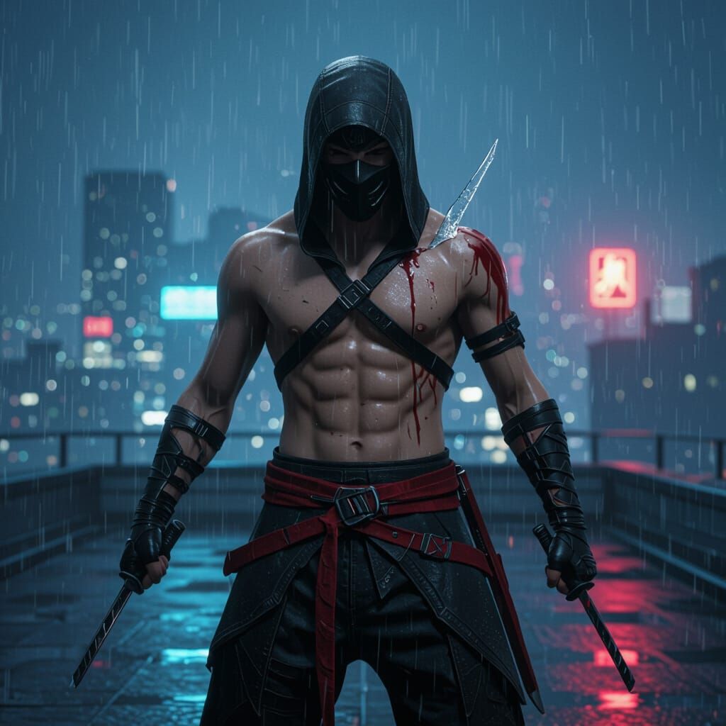 Assassin in Rain with Neon Reflections