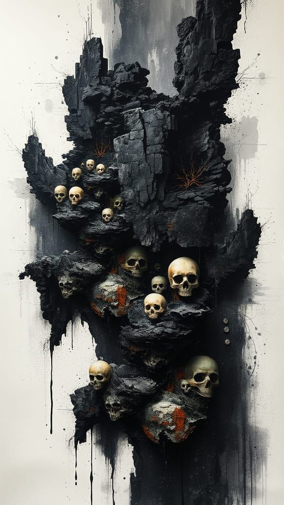 abstract surreal constructivism, minimalism, dense charcoal, monotone black and grey and rust color and sage green color...