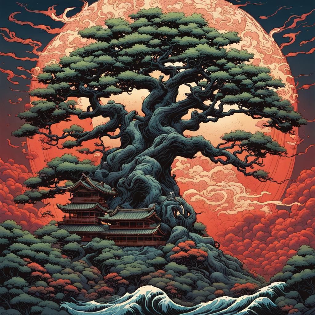 Tree in Ukiyo-e Comic Book Art Style