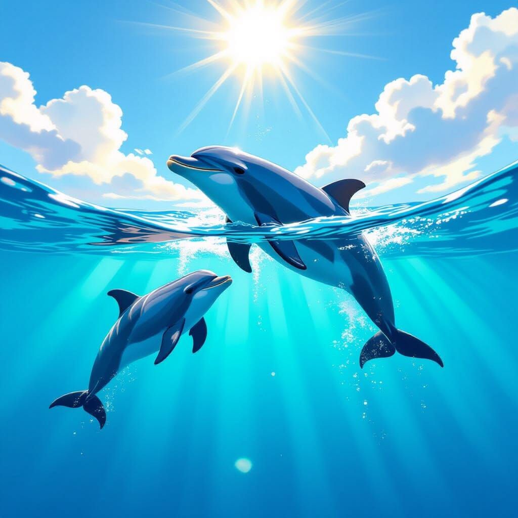 Dolphin Mother and Calf Leaping in Turquoise Waters