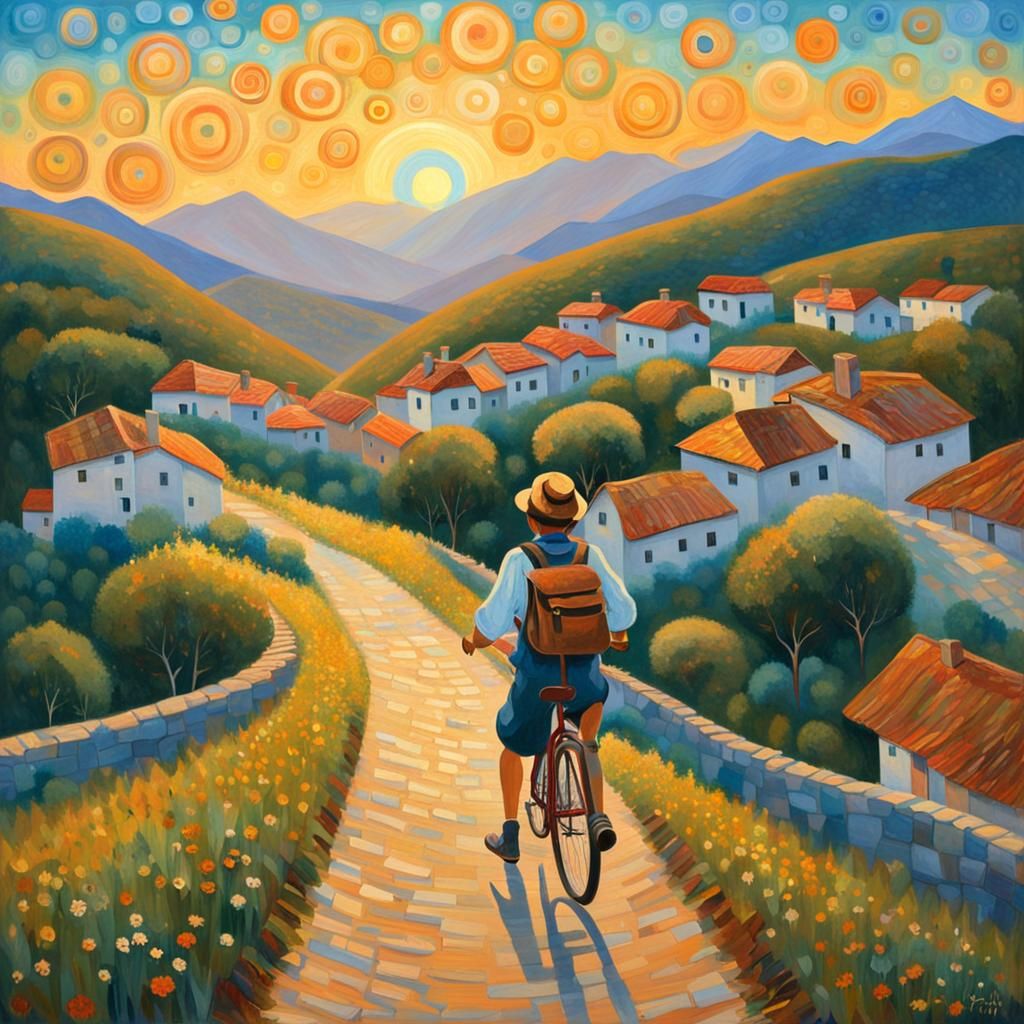 Boy on Bike at Dawn, Klimt-Inspired Painting