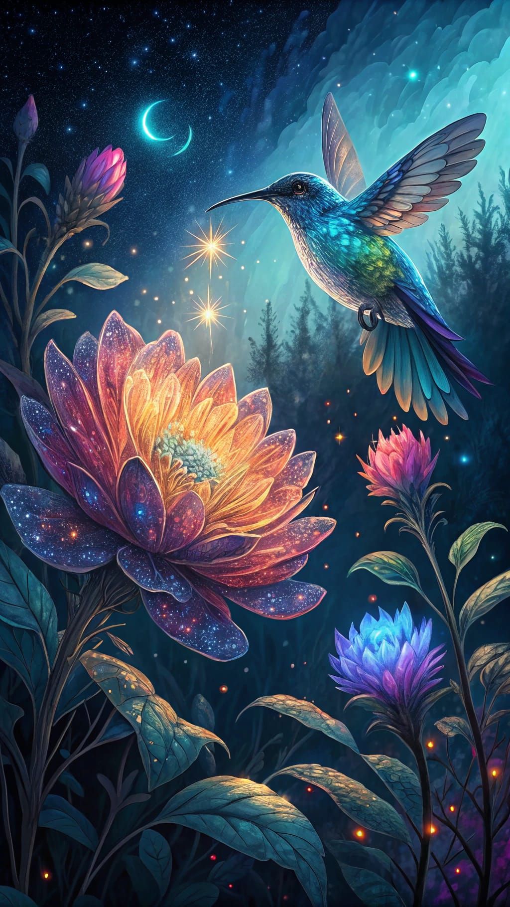 "Close up image of a glowing crystalline multicoloured flowe...