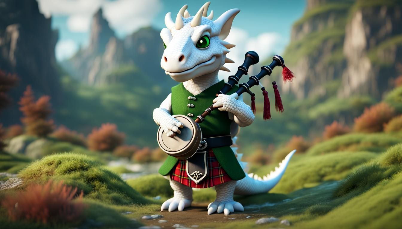 Kilted dragon playing the bagpipe