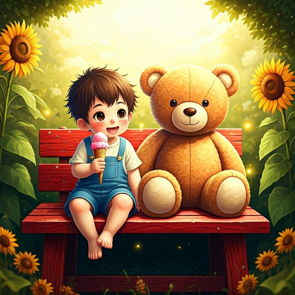 Whimsical Anime Toddler Enjoys Ice Cream in Enchanted Garden