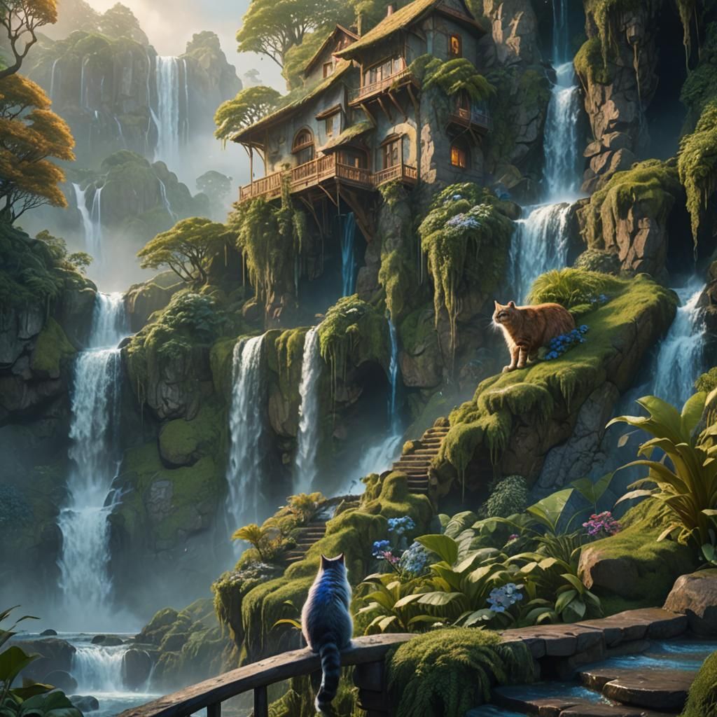 Giant Cat and Waterfall House in Dreamlike Fantasy Art